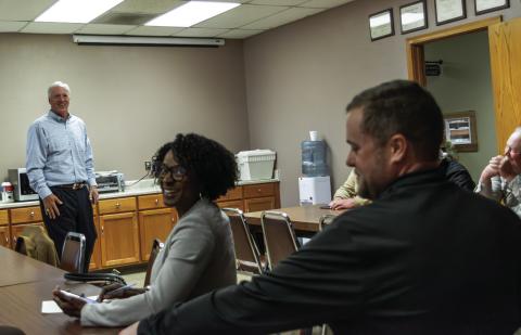 Candice McGuire and Kyle Medders with Bair Energy — a company working on a hydrogen energy project in Sylvester — joined Fisher County residents in discussions with Rep. James Frank on a tour of Texas House District 69 on Tuesday.