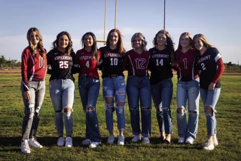 Lady Hornet Cheer Squad L- R: Hadley Mclaury, Peyton Calamaco, Leah Salazar, Tatum Polk, Regan Polk, Shelby Martin, Matti Polk, Mylee Van Meter. Not pictured: Katelyn Salinas