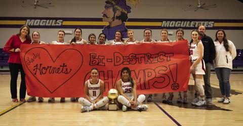 Left: Bi-District Champion Aspermont Lady Hornet Basketball Team L-R: Coach Tiffany Potts, Raelynn Bradley, Tatum Polk, Jessi Rabel, Alexus Garcia, Peyton Calamaco, Georgia Fraser, Ashlyn Holson, Shelby Martin, Matti Polk, Mylee Van Meter, Kelly Lowack, Coach Pat Potts, Coach Carey Rabel. Bottom L-R: Addi Shugart, Lauren Rojas. PHOTO BY: MARK MARTINEZ