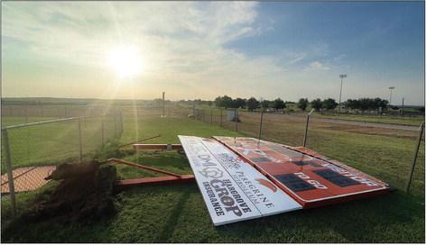 The scoreboard at the H Govan Memorial Stadium in Rotan was flattened by the storm that blew in on June 21st.