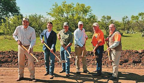 RPQRF President Joe Crafton, RPQRF’s incoming Executive Director Brad Kubecka, RPQRF Director Stephen Howard, Park Cities Quail Coalition Executive Director Jay Stine, RPQRF Executive Director Dale Rollins and RPQRF Director Gary Cooney at the groundbreaking ceremony for RPQRF’s new headquarters near Roby, Texas. Photo credit: David Sams
