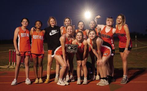 Rotan Jr. High Lady Hammer Track Team: Braylee Carrillo, Elizabeth Turner, Arianna Fillingim, Kate Van Poppel, Tanley Park, Madison Fillingim, Abigail Rivers, Hailey Wright, Talyn Lewis, Avery Gonzalez, Halen Gibson. They finished 1st at the Jr. High District Track Meet in Roby last Monday with a point total of 180, followed by the Roby Lady Cubs with 168, and the Aspermont Lady Stingers with a total of 63.