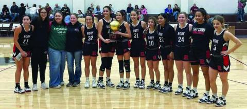 Lady Lion District Champion Team L-R: Ivy Espinoza, Hope Garmer, McKenzie Barrera, Abigail Elrod, Avery Carreon, Mackenzie Castillo, Hailee Garmer, Laja Mawick, Lilly Benson, Chelsea Jimenez, Keegan McWilliams, Joselynn Williams, Chasity Benson. The Lady Lions finished District as undefeated District Champions after defeating Paint Creek Tuesday night.