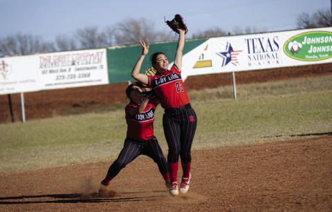 Roby's Samarra Frausto goes up for the ball to make a quick out during the Lady Lions 21-15 win over the Baird Lady Bears Tuesday afternoon in Roby. The Lady Lions found themselves in a back and forth with the Lady Bears through 4 innings. From the 5th inning onward, the Lady Lions locked in, scoring 11 runs, whilst holding Baird to just 3 to finish on top. The Lady Lions will next host Knox City this Saturday at 10am in Roby. Photo by: Mark Martinez