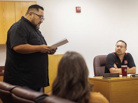 James Flores presents his opening statement Tuesday morning to the UIL District Committee regarding allegations his son Zacary Flores transferred to Roby CISD for athletic purposes.
