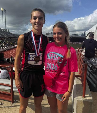 Roby Junior Camden Lummus with sibling and fellow State competitor freshman Berklee Lummus. Lummus, in his second consecutive appearance at the State Track &amp; Field Meet, came away with a Bronze medal finish in the 3200 M Run, his first medal in Austin. Courtesy Photo.