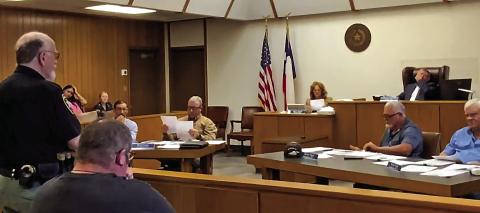 Fisher County Sheriff Pat Dickson addresses commissioners during the Aug. 10, 2026 Commissioners Court meeting.