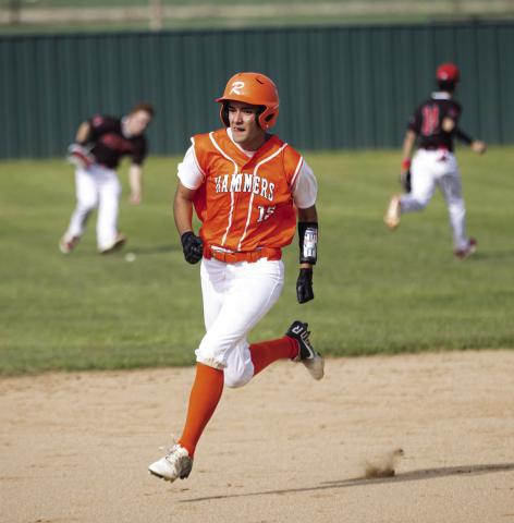 Rotan's Corbin James dashes for 3rd base during the Hammers' 8-1 win over Roby this past Tuesday. The Hammers start off district play at 1-0 and will face Roby again this Saturday at 11am in Roby. PHOTO BY MARK MARTINEZ