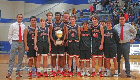 B-District Champions: L to R Back Row: Coach Cade Brown, Chris Mendez, Olen Johnson, Justin Martin, Junior Hernandez, Front Row: Keltyn Van Meter, Donovan Miller, Kade Morris, Toma Osai, Wesley Koenig, Carson Guidry, Coach Mark Weaver. (Photo by Mark Martinez)