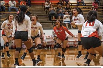 Set 1 25-19 Rotan Set 2 25-6 Rotan Set 3 25-22 Rotan (Above) Lady Hammers celebrate a game point from Senior Ana Daniel during Rotan’s 3-0 win over Munday on Tuesday night.