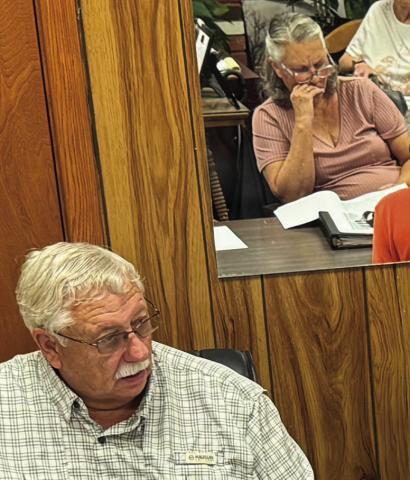 Rotan Council members Loyd Green and Joy Dennis debate whether to review the city's annual budget before casting opposing votes for its adoption.