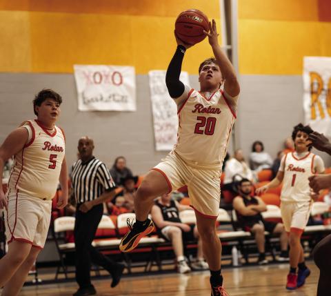 Rotan Senior Rhylon Lester puts up a shot during the Hammers 39-14 win over Lueders-Avoca last Tuesday. Photo by: Mark Martinez