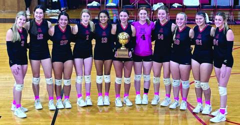District 8-1A Volleyball Champion Aspermont Lady Hornets L-R: Mylee Van Meter, Jessi Rabel, Peyton Calamaco, Matti Polk, Leah Salazar, Addi Shugart, Tatum Polk, Shelby Martin, Raelynn Bradley, Shelby Roberson, Georgia Fraser. (COURTESY PHOTO)