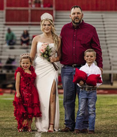 Mattie Polk, escorted by her father, Shane, was crowned the 2025 Aspermont Homecoming Queen last Friday night before kickoff. Crown bearers were Audrey Ballard and Carter Shields.