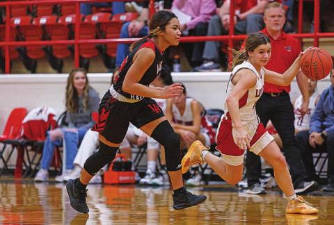 Lilly Benson fast breaks down the court during Friday's 72-8 win over the Lady Raiders. Photo by: Mark Martinez