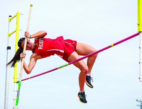 Roby senior Lilly Benson competing in the pole vault during Roby's Cottonwood Creek Relays last Thursday. Benson was top individual performer at the meet, coming away with gold in the pole vault, 400, 1600, and 3200. Her efforts helped the Lady Lions secure a 3rd place team finish against stiff competition from other participating schools including the likes of: Sweetwater, Roscoe, and Hermleigh among others. PHOTO BY: MARK MARTINEZ