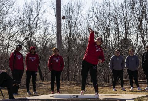 Senior Calie Hernandez throwing the shot put. Photo by Mark Martinez