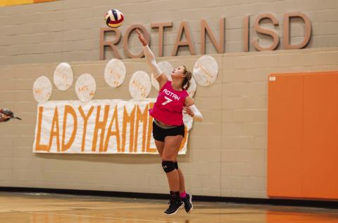 Rotan's Olivia Messick serves during the Lady Hammers 3-0 win over the Trent Lady Gorillas Tuesday night. Her along with fellow seniors Shyanne Gaspar &amp; Karlie Buchanan were recognized at the final home game of the season. The win over Trent brings the Lady Hammers district record to 2-1. Their next match will be a round 2 bout with Aspermont this Saturday in Aspermont at 10am. Photo by: Mark Martinez