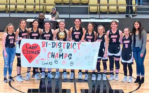 Lady Lions are Bi-District Champs! Emily Green, Hope Garmer, Hilda Espinoza, (in the back) Coach Kevin Brooks, Emilea Cole, Brynlie Johnson, Makenzie Castillo, Hailee Garmer, Chasity Benson, Laney Steart, Zena Hargrove and Coach Baylor Ramirez.