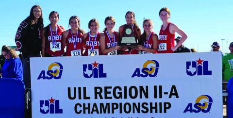 Roby Lady Lion Regional Cross Country Champion Team: Hope Garmer, Ivy Espinoza, Avery Carreon, Emma Carreon, Chasity Benson, Hailee Garmer, Lily Benson, Taylor Jeffrey.