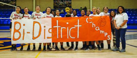 Bi-District Champion Rotan Lady Hammer Volleyball Team L-R: Karlie Buchanan, Tylee Fillingim, Becca Kincheloe, Chesney Fronterhouse, Jasmine Whitaker, Brooklyn McArthur, Sierra Williams, Ana Daniel, Janoah Lopez, Keira Burrows, Olivia Messick, Karly Briggs, Abby Moffett, Shyanne Gaspar, Coach Paula Bell. The Hammers next match is against Veribest this Friday at 4:30 in Veribest.