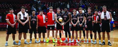 Area Champion Aspermont Hornet Basketball Team L-R: Kolby Gilbreth, Abram Lopez, Calob Castaneda, Junior Hernandez, Sebastian Kordes, Kade Morris, Donovan Miller, Keltyn Van Meter, Seth Johnson, Wesley Koenig, Carson Guidry, Jasper Hoppe. The Hornets defeated the Cross Plains Buffaloes 53-35 last Friday night to claim a Region 2 Area Trophy. On Tuesday night, they fell to the Munday Moguls in the Regional Quarterfinal Round 46-50. PHOTO BY: MARK MARTINEZ