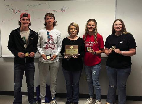Aspermont UIL Computer Science 1st Place Team: Wesley Koenig, Kade Morris, Instructor Allison Martin, Shelby Martin, Katie Passman.