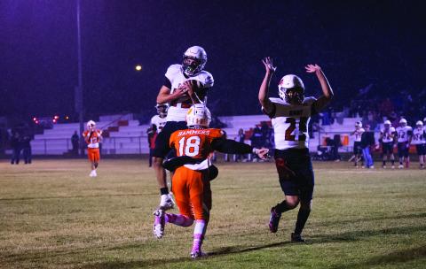 Lion senior Ethan Hernandez picks off a pass in the pouring rain intended for Hammer reciever.