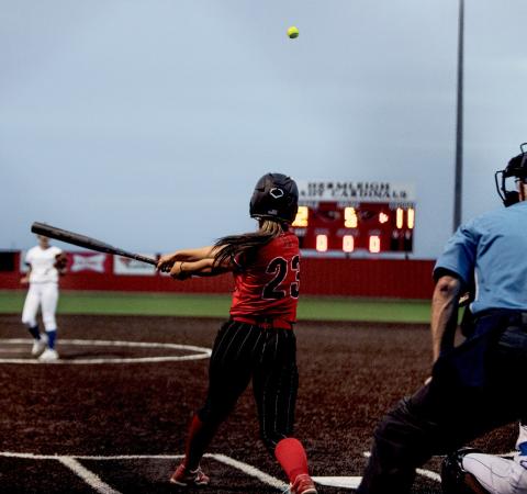Roby’s Samarra Frausto blasts a pitch over the fence during game 2 of the Lady Lions bi-district series vs. Westbrook. Photo by: Mark Martinez