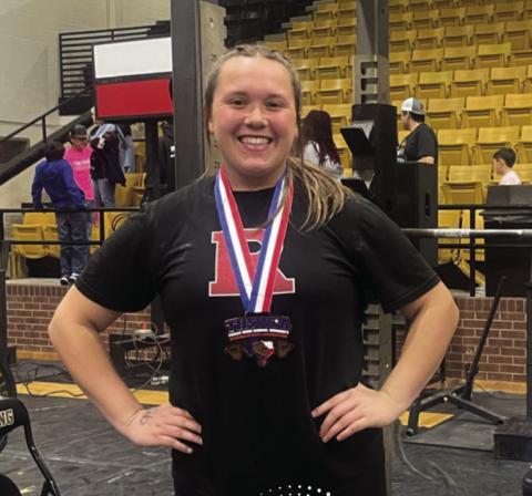 Roby senior Calie Hernandez competed at the THSWPA Regional Powerlifting Meet in Big Spring last Thursday. She would go on to finish 2nd overall in the 220 weight class with a weight total of 760 pounds through all events, securing her a spot at the Texas High School Women's Powerlifting State Championships at Bert Odgen Arena in Edinburg, TX. She will compete during the 1A-2A portion on Wednesday, March 12th starting at 8am. Courtesy Photo.