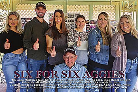Papa’s Aggie Grandchildren: Kelsie Hundl Mitchell BA 2008, McCall Hundl Crihfield BA 2009 &amp; ME 2011, Callan Hundl BS 2013 and Madison Gray BA 2018 &amp; MS 2020 and Mamie McCall Gray BA 2022.
