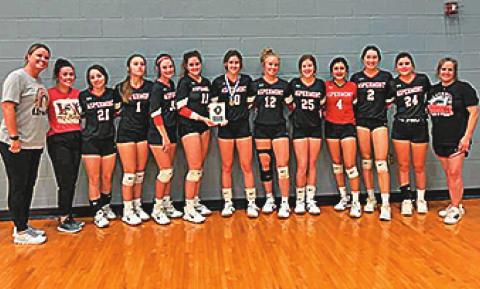 High School Football Team: (l to r) Coach Tiffany Potts, Coach Jerica Walker, Amilia Hecht, Kelly Lowack, Addi Shugart, Celie Gentry, Sadie Gentry, Payton Potts, Mylee Van Meter, Patricia Murguia, Jessi Rabel, Shaincey Polk, Coach