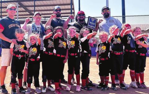 Back row left to right: Coaches - Joe Posey, Ann’e Posey, David Crawford, Devin Carrion, Rinaldo Constancio Back row left to right Laikyn Posey, Blakely Constancio, Isabella Carrion, Scarlet Carrion, Hadley Crawford, Raegan Carter, Cheyanne Lindsey, Sadie Smith-MVP RECOGNITION, Aurora Street, Kinsley Chisum (Photo submitted by Lauren Constancio)