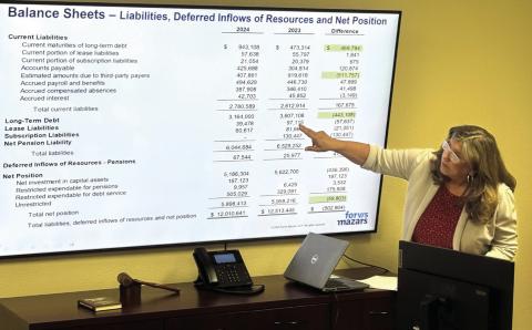 Deborah Whitley with Forvis reviews the Stonewall Memorial Hospital District’s 2023 and 2024 financial report with the board of directors at a public meeting on Monday.