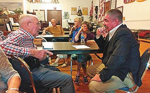 County Judge Ken Holt discussed issues in Fisher County with Treasurer Bobby Gruben before his presentation at the Fisher County Historical Commission on July 6th. VP Jerry Fry, President Dot Harris and Member Patsy Lawrence are in the background