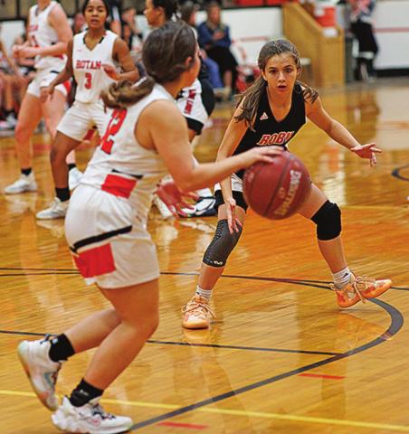 Roby's Lily Benson transitions into her defensive stance during the Lady Lions' 48-43 win over Rotan Tuesday night. Photo by: Tricia Hurt
