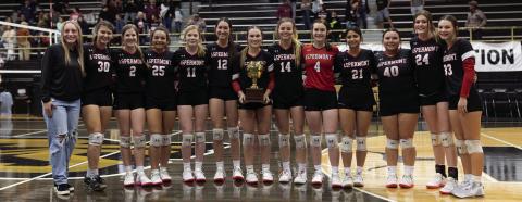 Area Champion Aspermont Lady Hornet Volleyball Team L-R: Raelyn Bradley, Shelby Roberson, Mylee Van Meter, Peyton Calamaco, Matti Polk, Jessi Rabel, Kelly Lowack, Shelby Martin, Tatum Polk, Alexus Garcia, Mikayla Daniel, Georgia Fraser, Addi Shugart. The Lady Hornets defeated the Marathon Lady Mustangs Saturday Nov. 5 to claim an Area Championship. On Tuesday Nov. 8, they would take on the Veribest Lady Falcons in the Regional Quarterfinals, but would ultimately fall in 0-3 in hard fought sets.