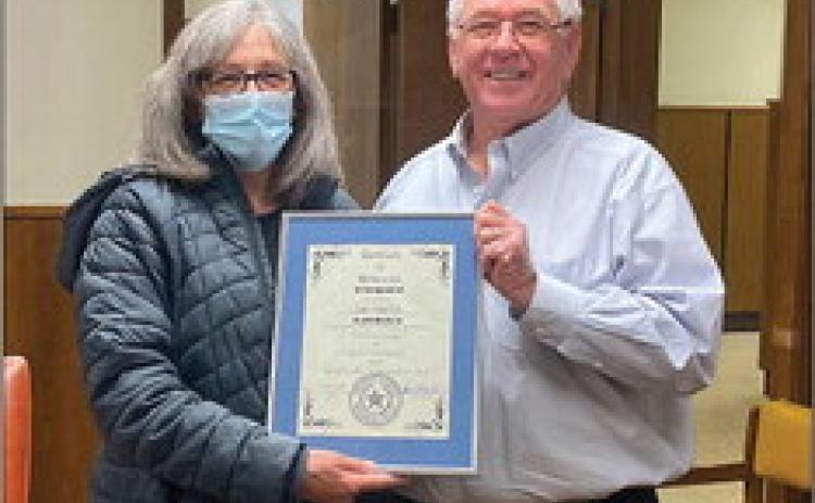 “It has been an experience, and I appreciate ya’ll,” said Stonewall County Precinct 2 Commissioner Jan Harris, who accepted a certificate of appreciation last week after retiring from her official duties after serving as county commissioner since 2011.