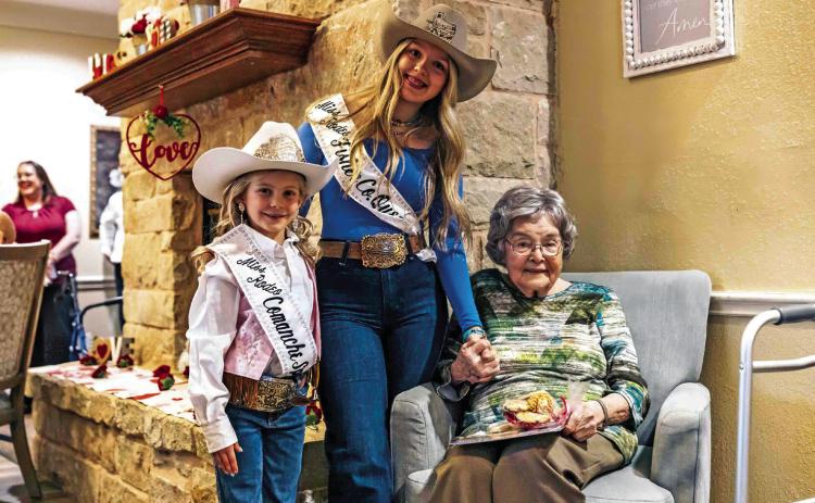Pictured Miss Rodeo Comanche Springs Sweetheart Sutton Rasberry, Miss Rodeo Fisher County Berklee Pippin and Francene McKinney were full of sweet smiles after the Rodeo Royalty Valentine Day Treat Deliveries. MARK MARTINEZ