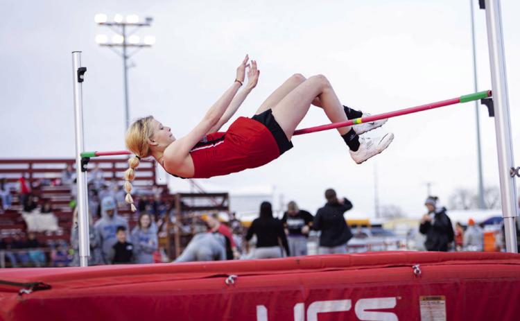 Aspermont's Ashlyn Holson finishing 1st in the High Jump. The Aspermont Varsity Girls would place 1st at Roby's Cottonwood Creek Meet last Thursday with a point total of 196, followed by Roby with a point total of 146. PHOTO BY: MARK MARTINEZ