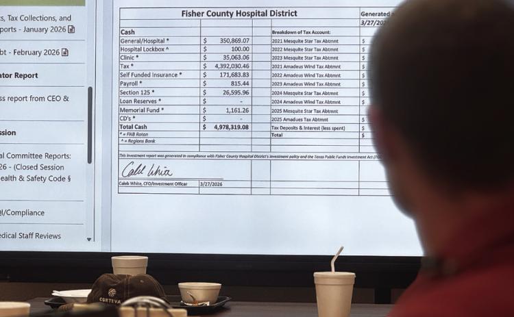 Fisher County Hospital District CFO Caleb White reviews financial reports with directors during the March meeting, saying he was happy with the balances at the start of the year. PHOTO BY JEFF HURT