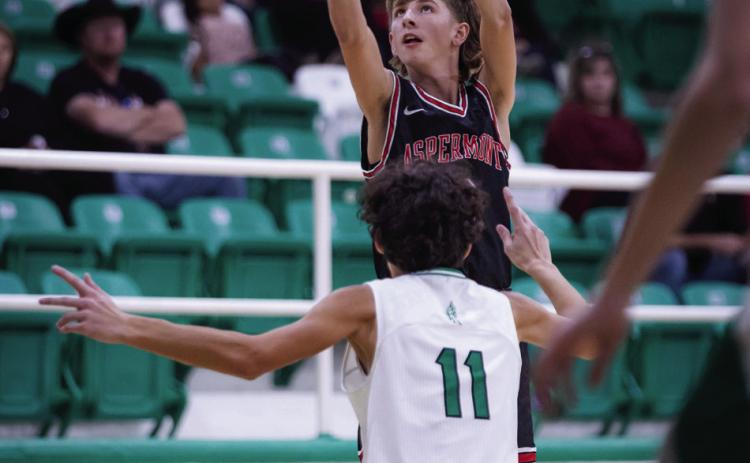 (Pictured Right) Hornet Junior Seth Johnson puts up three over a Piper defender during the Hornets' 65-47 win over Hamlin Tuesday night. Photo by Mark Martinez