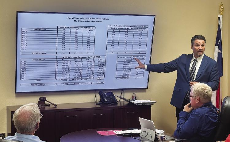 Forvis Mazars auditor Travis Skinner presents the annual financial report to Stonewall Memorial Hospital District directors during the board’s May 11 meeting.. PHOTO BY JEFF HURT