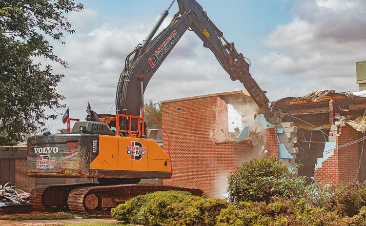 An Intercon Demolition wrecking crane began with ripping a whole in the east side of the Rotan ISD Library on Monday. Demolition efforts are expected to continue for several weeks and will include multiple buildings district-wide.