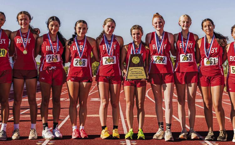 District 14 Champion Roby Lady Lion Cross Country Team L-R: Joselynn Williams, Mazer Hernandez, Chelsea Jimenez, Avery Carreon, Saylor Smith, Lilly Benson, Abigail Carlile, Betsy Terry, Ivy Espinoza, Coraima Villagomez. In addition, senior Lilly Benson claimed the individual Championship in the Girl's division after finishing first. Photo by: Mark Martinez
