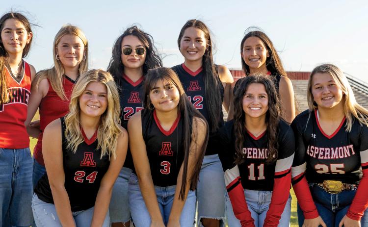 Top Row L-R: Mascot Addison Benavides. Matti Polk, Peyton Calamaco, Jessi Rabel, Emilee Silva, Bottom Row L-R: Regan Polk, Noemi Garcia, Daisy Garcia, Kami Tate. Photo by: Mark Martinez