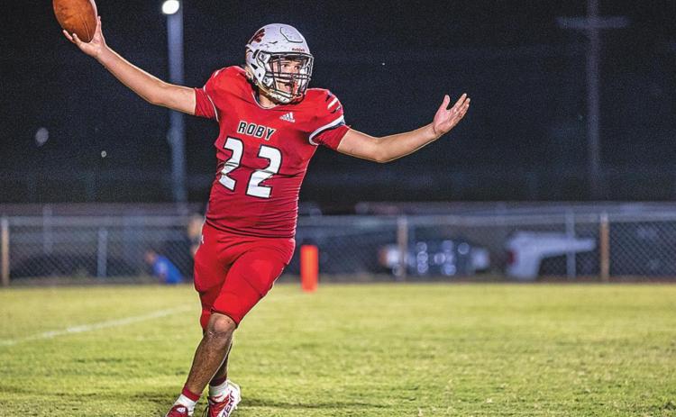 Roby Junior Ethan Hernandez celebrates in the endzone. Photo by: Tricia Hurt