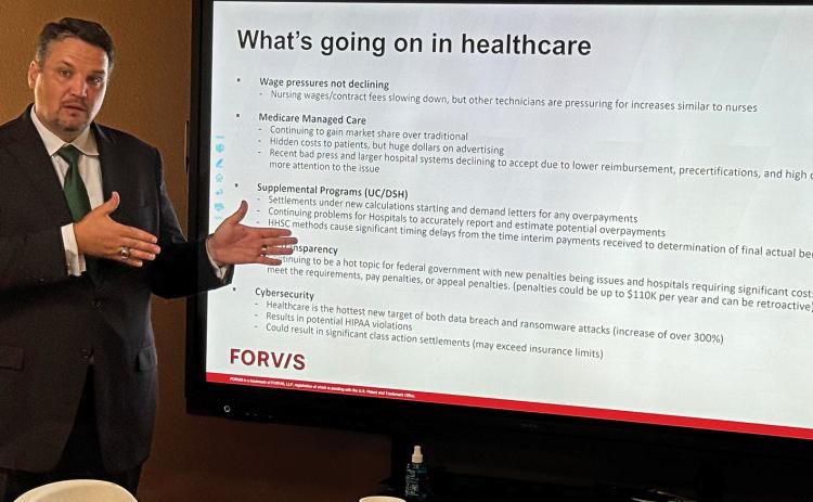 Financial advisor and director at Forvis, Travis Skinner spoke with Fisher County Hospital board members and administrators about the district’s current finances and future changes in the healthcare industry.
