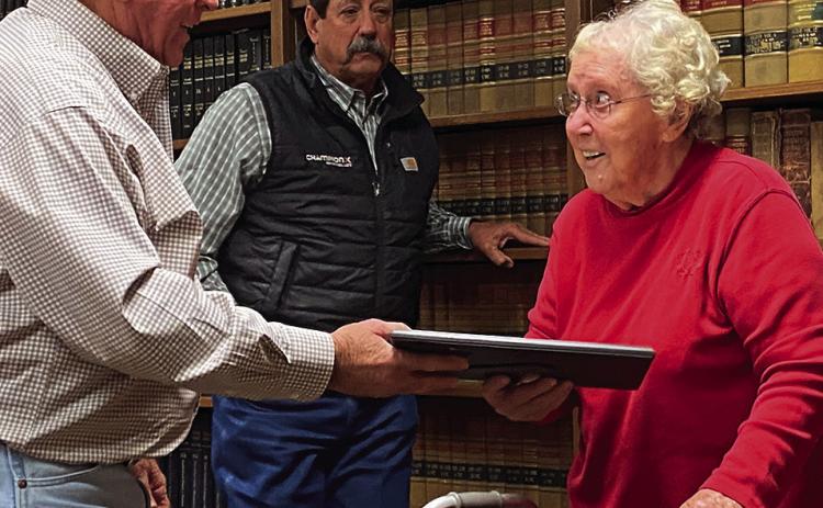 Stonewall County Judge Ronnie Moorhead gives life-long resident Doris Pittcock at certificate declaring November 16th (her birthday) as Dorris Pittcock Day! Happy Birthday, Dorris!