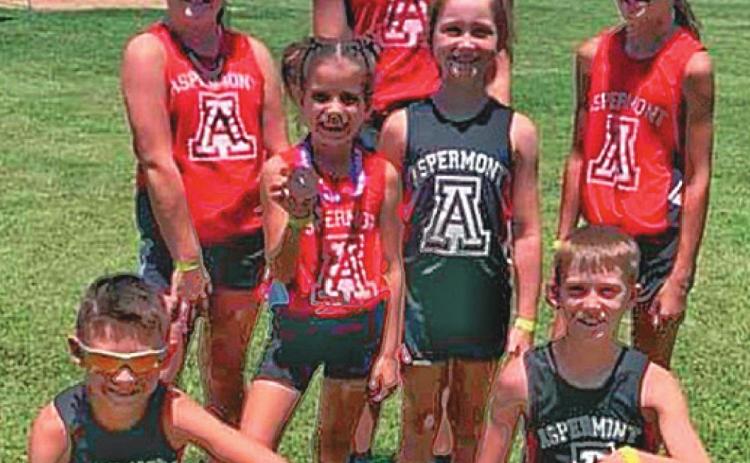 Stonewall County Youth Sports track team: Back row: Jessi Rabel, Middle: Macy Morris, Payge Harris. Tessa Rabel, and Lauraine Martin Bottom: Mykae Hecht and Graden Rabel